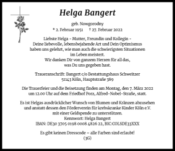 Anzeige von Helga Bangert von Kölner Stadt-Anzeiger / Kölnische Rundschau / Express