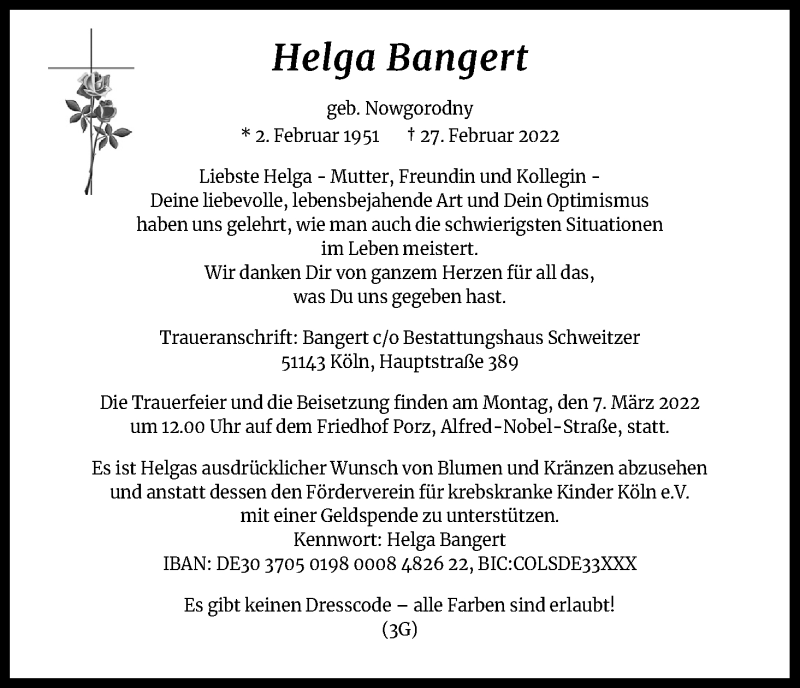  Traueranzeige für Helga Bangert vom 05.03.2022 aus Kölner Stadt-Anzeiger / Kölnische Rundschau / Express