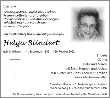 Anzeige von Helga Blindert von  Blickpunkt Euskirchen 