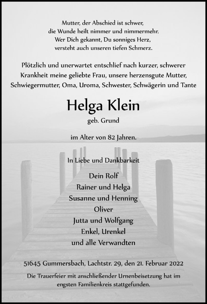  Traueranzeige für Helga Klein vom 18.03.2022 aus  Anzeigen Echo 