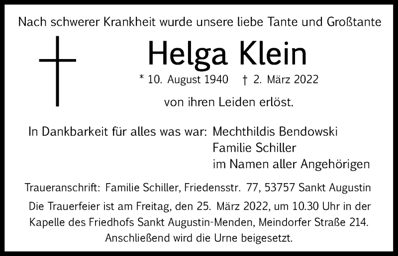  Traueranzeige für Helga Klein vom 12.03.2022 aus Kölner Stadt-Anzeiger / Kölnische Rundschau / Express