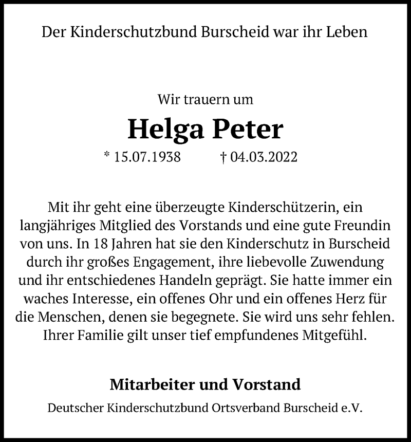  Traueranzeige für Helga Peter vom 12.03.2022 aus Kölner Stadt-Anzeiger / Kölnische Rundschau / Express