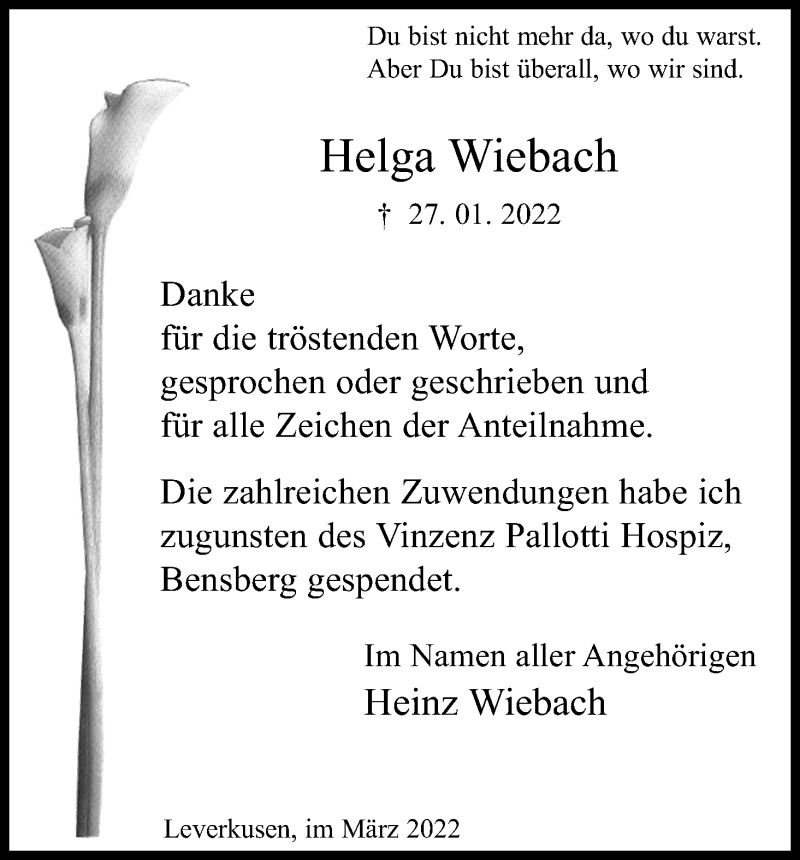  Traueranzeige für Helga Wiebach vom 05.03.2022 aus Kölner Stadt-Anzeiger / Kölnische Rundschau / Express