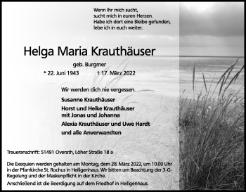 Anzeige von Helga Maria Krauthäuser von Kölner Stadt-Anzeiger / Kölnische Rundschau / Express
