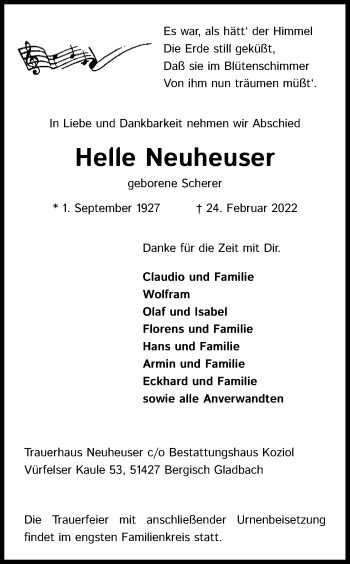 Anzeige von Helle Neuheuser von Kölner Stadt-Anzeiger / Kölnische Rundschau / Express