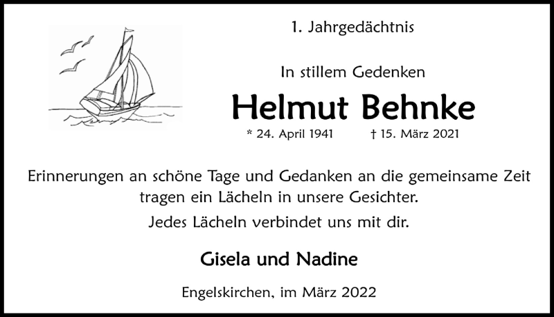  Traueranzeige für Helmut Behnke vom 11.03.2022 aus  Anzeigen Echo 