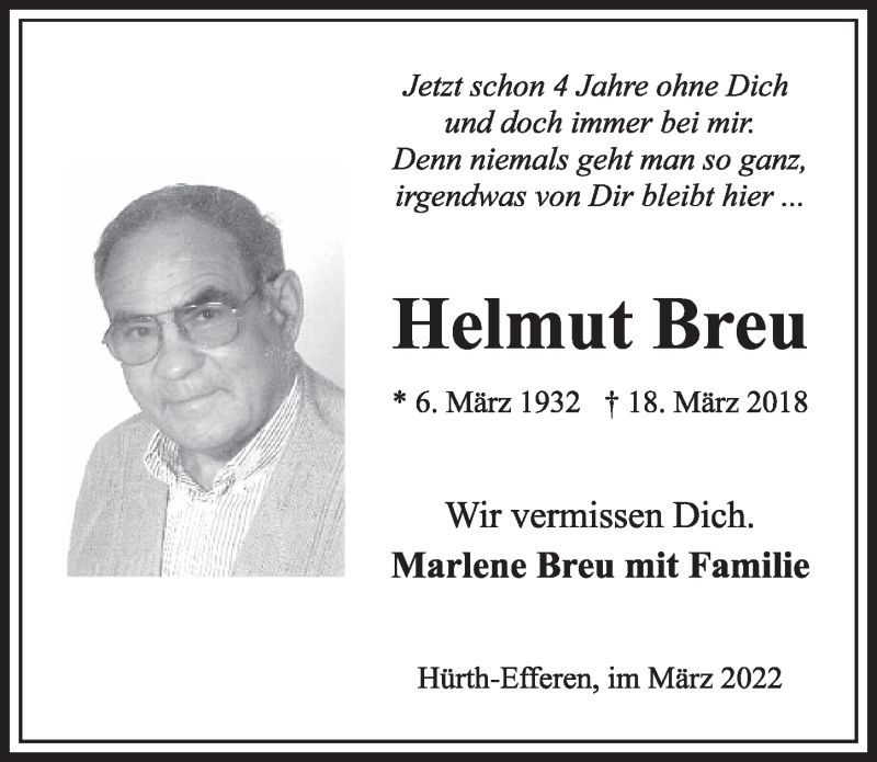  Traueranzeige für Helmut Breu vom 18.03.2022 aus  Wochenende 