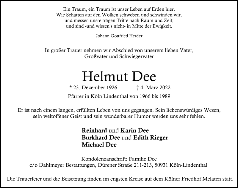  Traueranzeige für Helmut Dee vom 12.03.2022 aus Kölner Stadt-Anzeiger / Kölnische Rundschau / Express