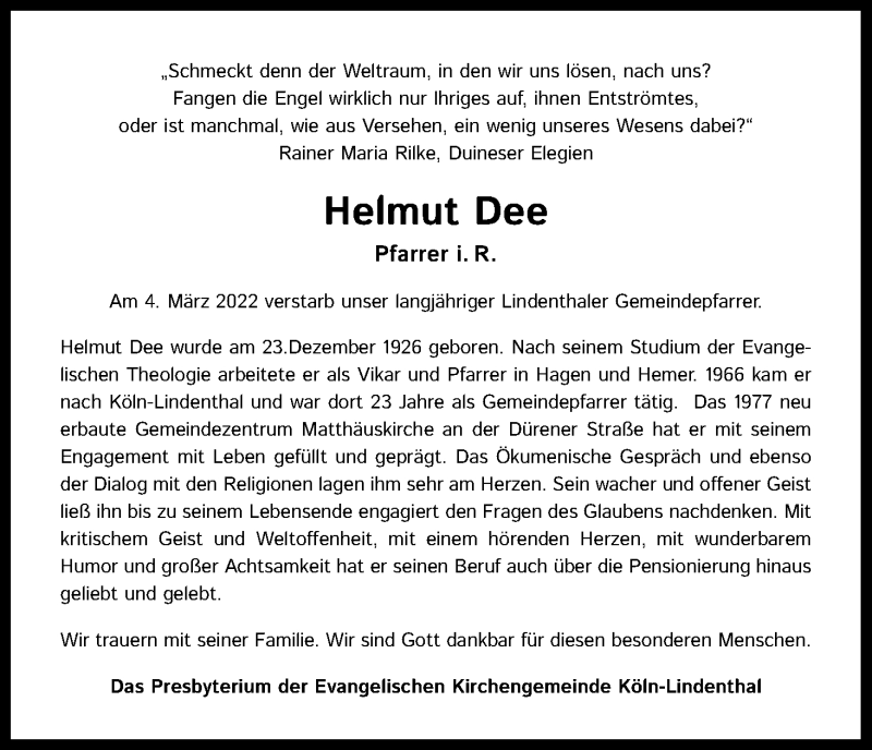  Traueranzeige für Helmut Dee vom 19.03.2022 aus Kölner Stadt-Anzeiger / Kölnische Rundschau / Express
