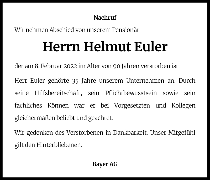  Traueranzeige für Helmut Euler vom 28.03.2022 aus Kölner Stadt-Anzeiger / Kölnische Rundschau / Express