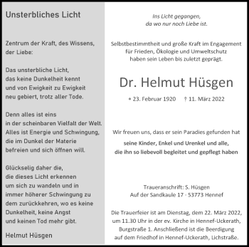Anzeige von Helmut Hüsgen von Kölner Stadt-Anzeiger / Kölnische Rundschau / Express