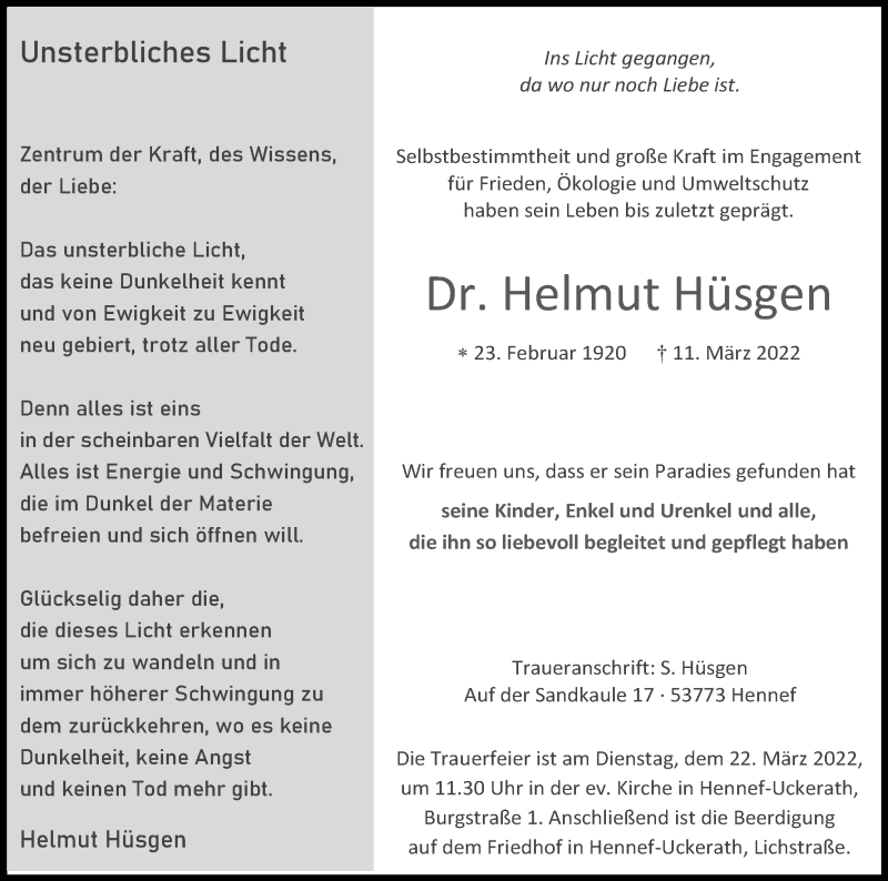  Traueranzeige für Helmut Hüsgen vom 16.03.2022 aus Kölner Stadt-Anzeiger / Kölnische Rundschau / Express
