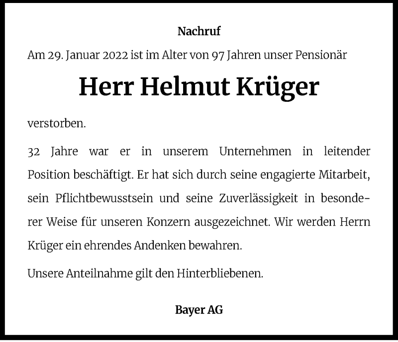  Traueranzeige für Helmut Krüger vom 30.03.2022 aus Kölner Stadt-Anzeiger / Kölnische Rundschau / Express