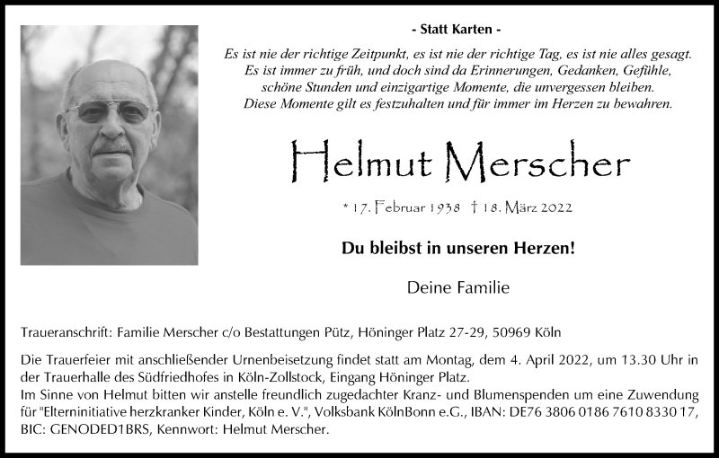  Traueranzeige für Helmut Merscher vom 26.03.2022 aus Kölner Stadt-Anzeiger / Kölnische Rundschau / Express