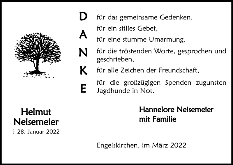  Traueranzeige für Helmut Neisemeier vom 19.03.2022 aus Kölner Stadt-Anzeiger / Kölnische Rundschau / Express