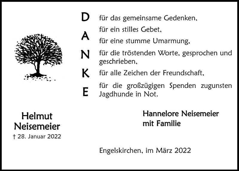  Traueranzeige für Helmut Neisemeier vom 18.03.2022 aus  Anzeigen Echo 