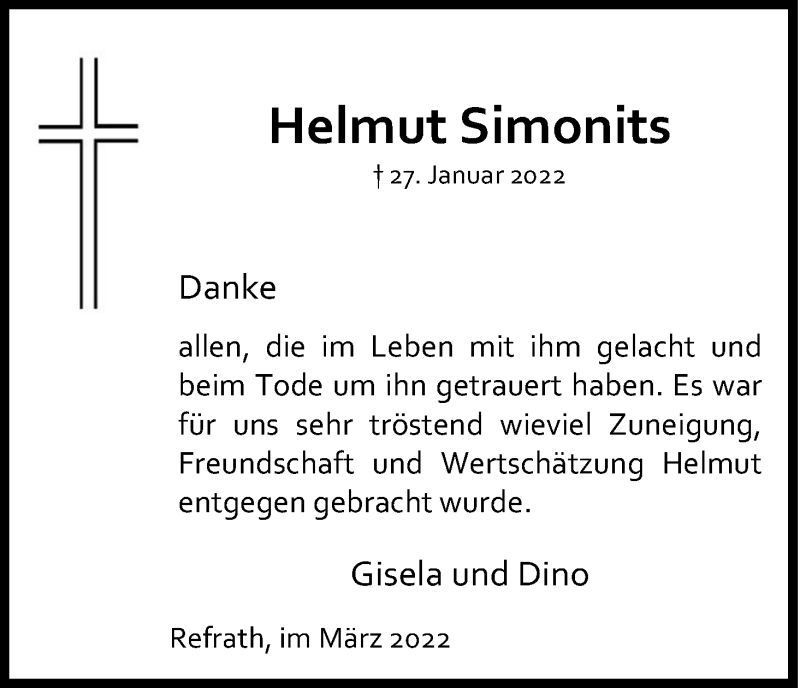  Traueranzeige für Helmut Simonits vom 12.03.2022 aus Kölner Stadt-Anzeiger / Kölnische Rundschau / Express