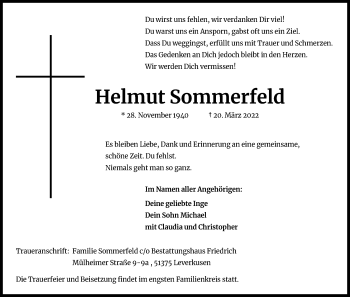 Anzeige von Helmut Sommerfeld von Kölner Stadt-Anzeiger / Kölnische Rundschau / Express