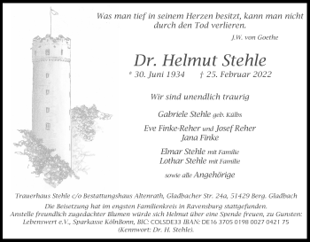 Anzeige von Helmut Stehle von Kölner Stadt-Anzeiger / Kölnische Rundschau / Express