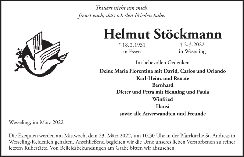  Traueranzeige für Helmut Stöckmann vom 18.03.2022 aus  Schlossbote/Werbekurier 