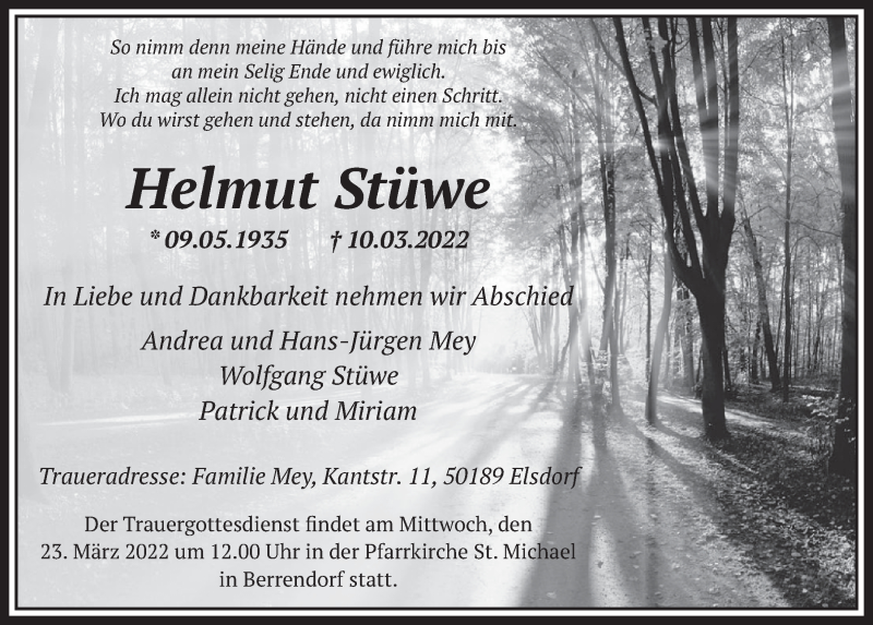  Traueranzeige für Helmut Stüwe vom 18.03.2022 aus  Werbepost 