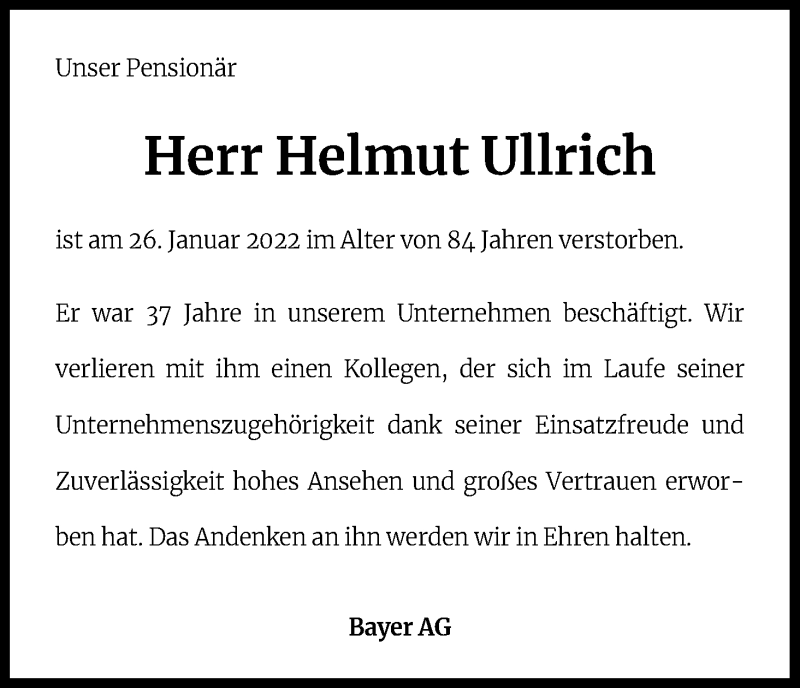  Traueranzeige für Helmut Ullrich vom 25.03.2022 aus Kölner Stadt-Anzeiger / Kölnische Rundschau / Express