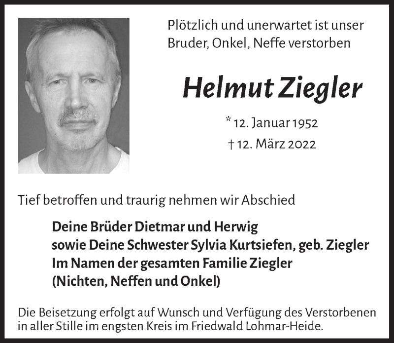  Traueranzeige für Helmut Ziegler vom 01.04.2022 aus  Bergisches Handelsblatt 
