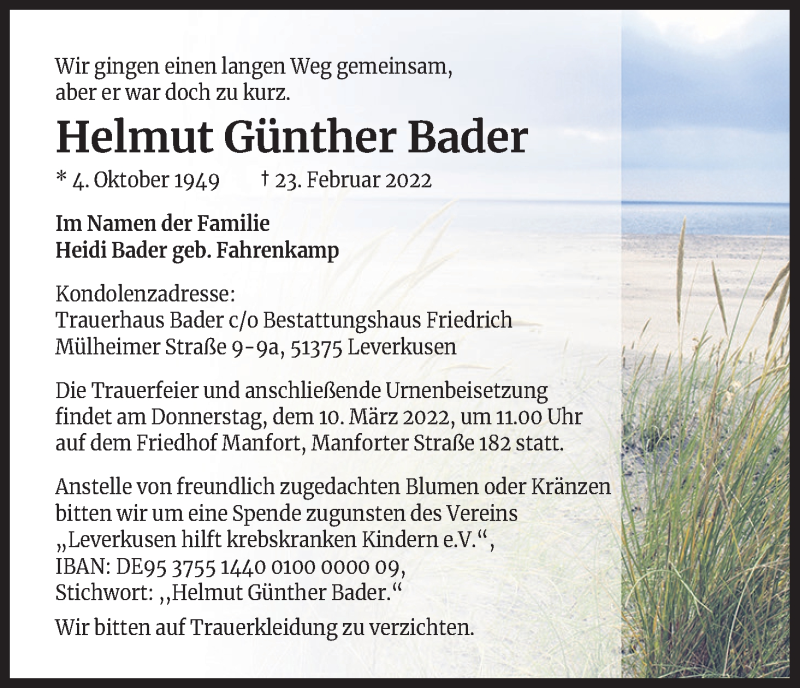  Traueranzeige für Helmut Günther Bader vom 05.03.2022 aus Kölner Stadt-Anzeiger / Kölnische Rundschau / Express