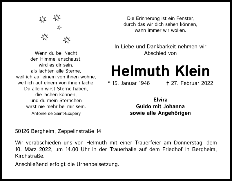  Traueranzeige für Helmuth Klein vom 05.03.2022 aus Kölner Stadt-Anzeiger / Kölnische Rundschau / Express