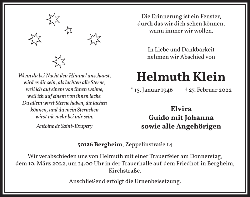  Traueranzeige für Helmuth Klein vom 04.03.2022 aus  Werbepost 