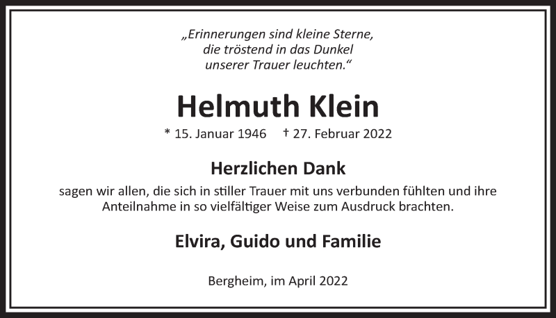  Traueranzeige für Helmuth Klein vom 01.04.2022 aus  Werbepost 