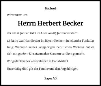 Anzeige von Herbert Becker von Kölner Stadt-Anzeiger / Kölnische Rundschau / Express