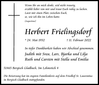 Anzeige von Herbert Frielingsdorf von Kölner Stadt-Anzeiger / Kölnische Rundschau / Express