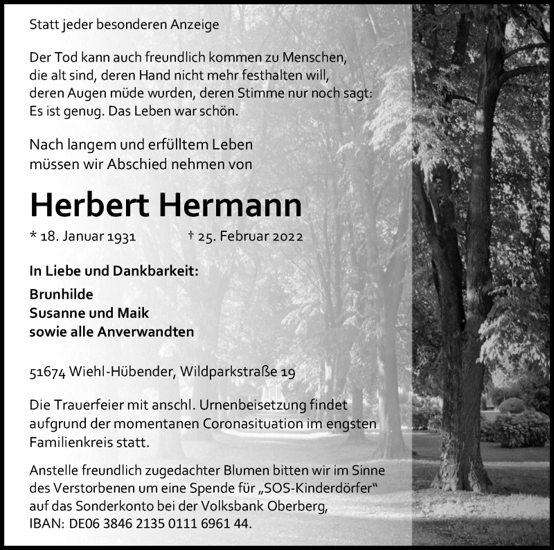  Traueranzeige für Herbert Hermann vom 01.03.2022 aus Kölner Stadt-Anzeiger / Kölnische Rundschau / Express