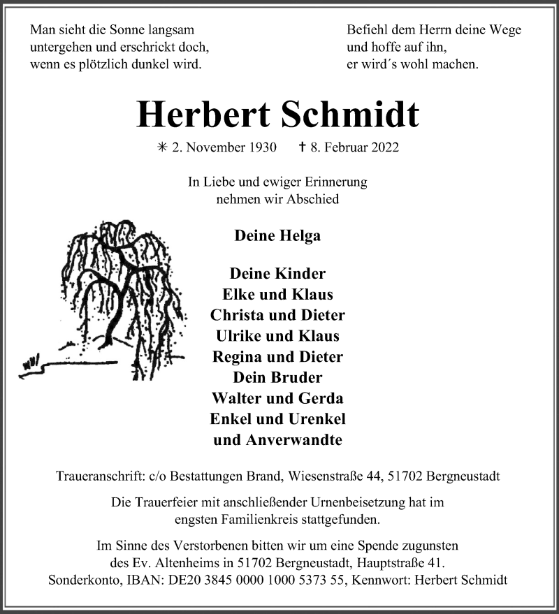  Traueranzeige für Herbert Schmidt vom 05.03.2022 aus Kölner Stadt-Anzeiger / Kölnische Rundschau / Express