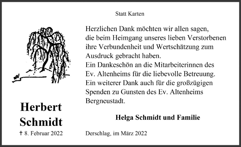  Traueranzeige für Herbert Schmidt vom 25.03.2022 aus  Anzeigen Echo 