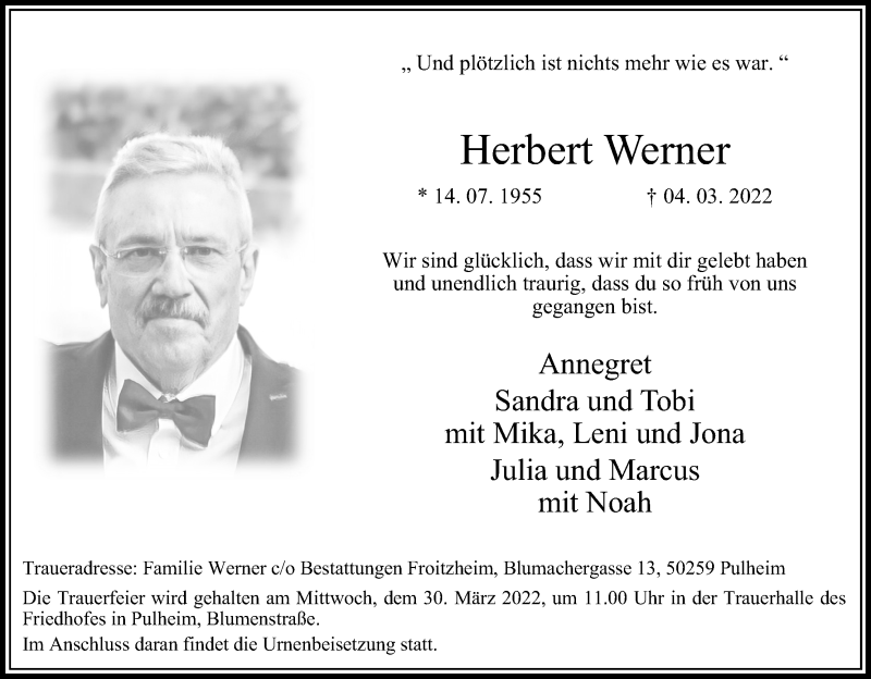 Traueranzeige für Herbert Werner vom 26.03.2022 aus Kölner Stadt-Anzeiger / Kölnische Rundschau / Express