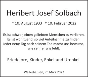 Anzeige von Heribert Josef Solbach von  Lokalanzeiger 