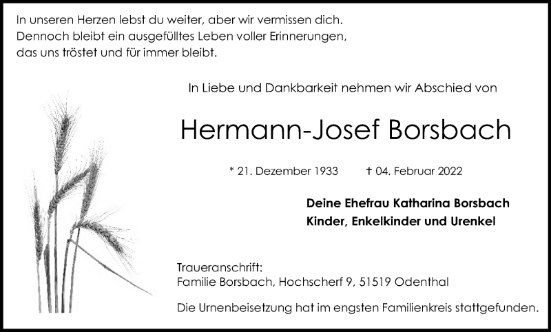  Traueranzeige für Hermann-Josef Borsbach vom 05.03.2022 aus Kölner Stadt-Anzeiger / Kölnische Rundschau / Express