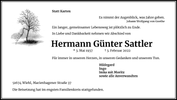 Anzeige von Hermann Günter Sattler von Kölner Stadt-Anzeiger / Kölnische Rundschau / Express