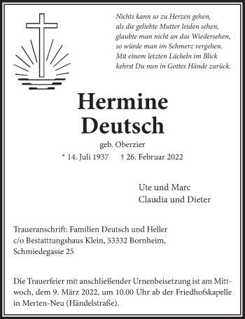 Anzeige von Hermine Deutsch von  Schaufenster/Blickpunkt 