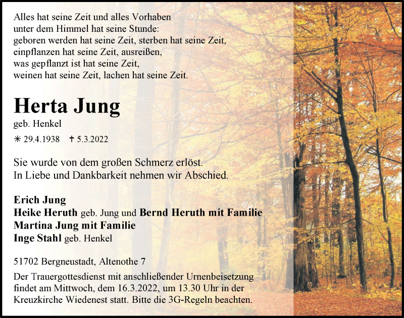  Traueranzeige für Herta Jung vom 11.03.2022 aus  Anzeigen Echo 