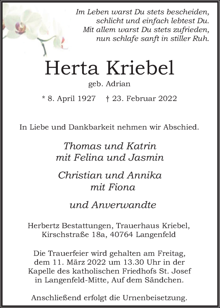  Traueranzeige für Herta Kriebel vom 05.03.2022 aus Kölner Stadt-Anzeiger / Kölnische Rundschau / Express