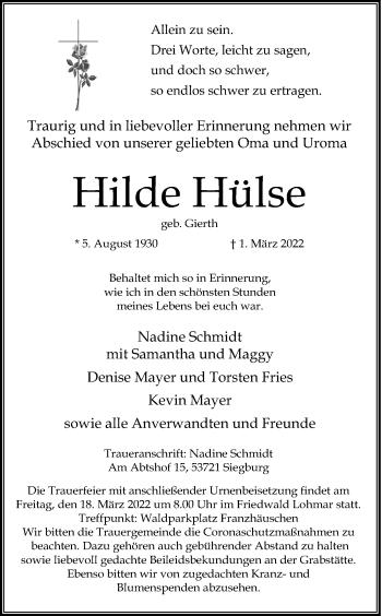 Anzeige von Hilde Hülse von Kölner Stadt-Anzeiger / Kölnische Rundschau / Express
