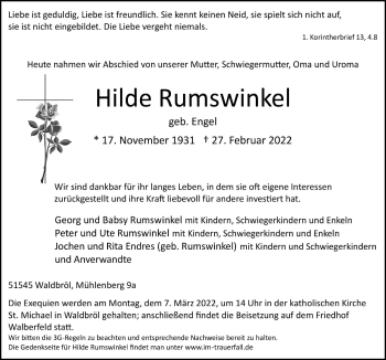 Anzeige von Hilde Rumswinkel von  Lokalanzeiger 