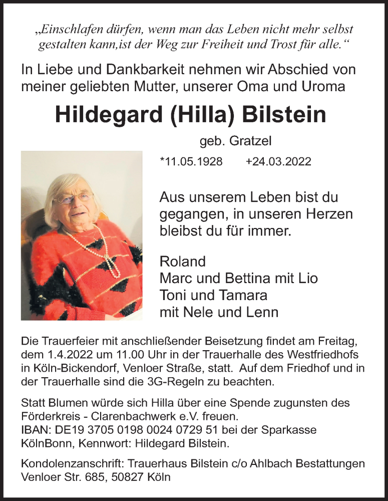  Traueranzeige für Hildegard Bilstein vom 30.03.2022 aus Kölner Stadt-Anzeiger / Kölnische Rundschau / Express