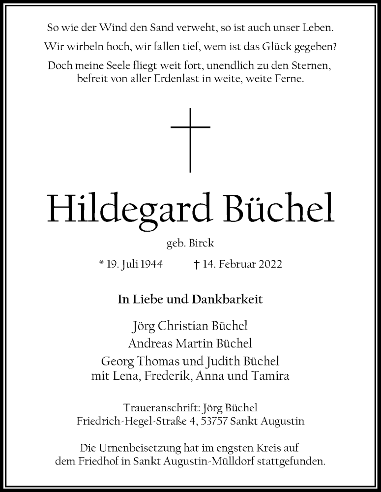 Traueranzeige für Hildegard Büchel vom 05.03.2022 aus Kölner Stadt-Anzeiger / Kölnische Rundschau / Express