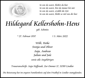 Anzeige von Hildegard Kellershohn-Hens von Kölner Stadt-Anzeiger / Kölnische Rundschau / Express