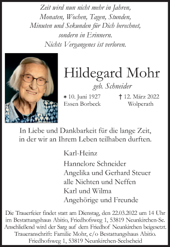 Anzeige von Hildegard Mohr von Kölner Stadt-Anzeiger / Kölnische Rundschau / Express