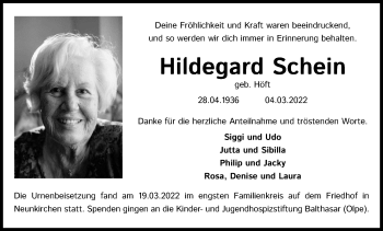 Anzeige von Hildegard Schein von Kölner Stadt-Anzeiger / Kölnische Rundschau / Express
